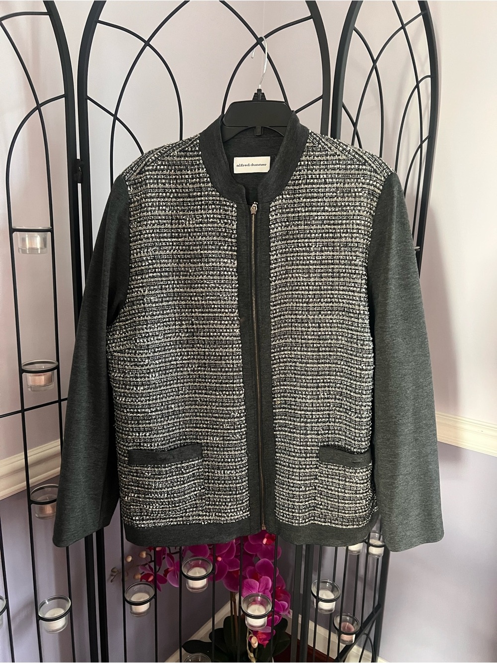 Alfred Dunner Gray Tweed-Front Zip Cardigan Jacket